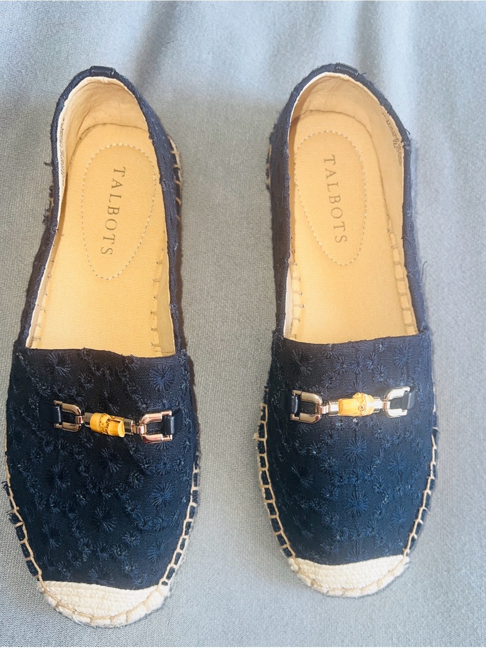 Talbots Navy Embroidered Espadrille Mules with Gold-Tone Bit